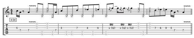 Paul Gilbert on playing rhythmically Lick 4: This solo doesn't follow a set pattern, but uses similar ideas to the other three fills. The muted notes will help you maintain your groove throughout, so concentrate on making the pick hand comfortable before targeting all the notes.